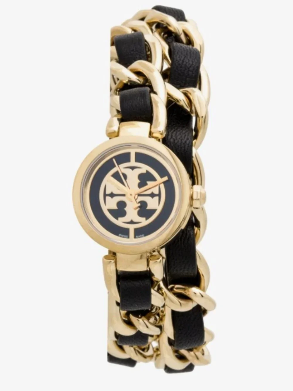 Tory Burch Reva Watch w/Steel Chain Bracelet Interwoven w/Black Leather